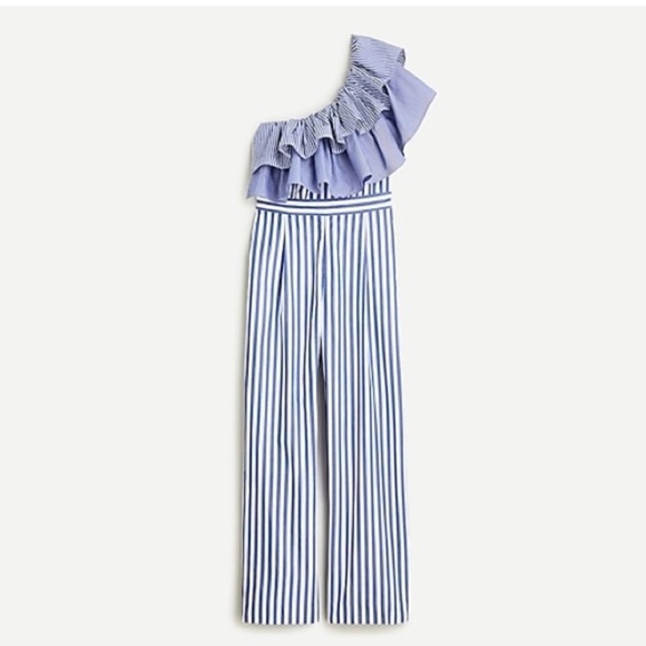 J. Crew One Shoulder Ruffle Jumpsuit Blue White Stripe 100% Cotton Size US 4 - Picture 3 of 16